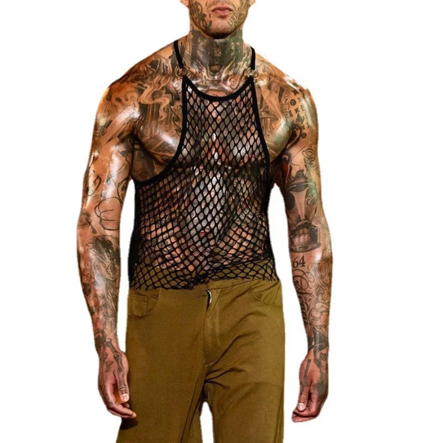 New 2024 Men\'s Summer Sexy Tank Tops See Through Hollow Out Mesh Vest Shirts Men Clothes Fashion Party Sleeveless Man Camisole