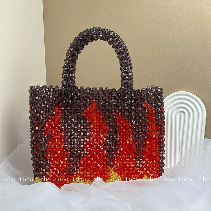 

Handmade Woven Beaded Pearl Bags Square Box Volcano Color Handbags New Fashion Beach Vacation Phone Clutch Party