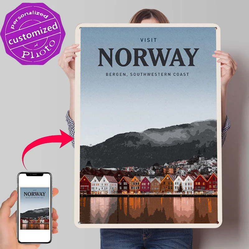 Visit Norway Personalized 3D Textured Metal Poster Wall Art Vintage Tin Signs for House Room Decorating Interior Decoration Home