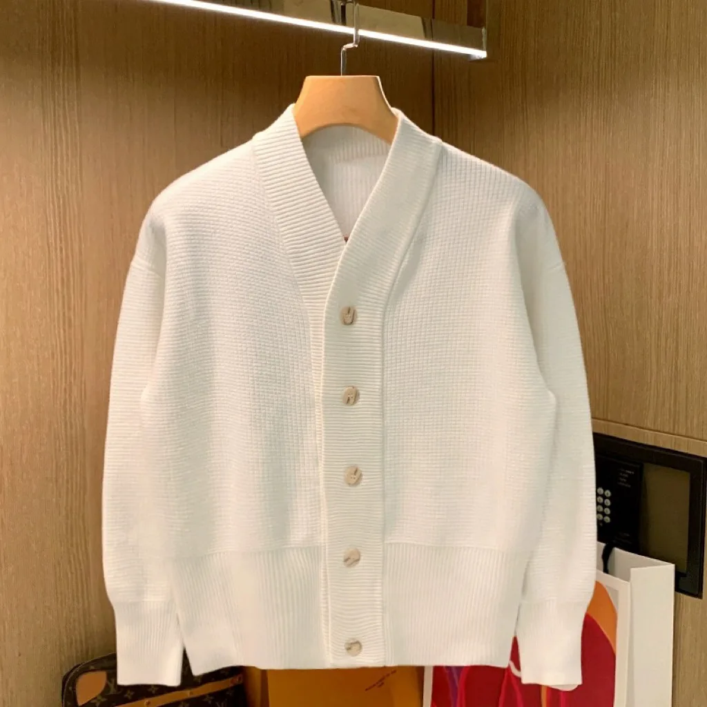 

Autumn Winter Men Knitted Cardigan Solid Color V-neck Single Breasted Sweater Jacket French Fashion Simple Male Knitting Coat