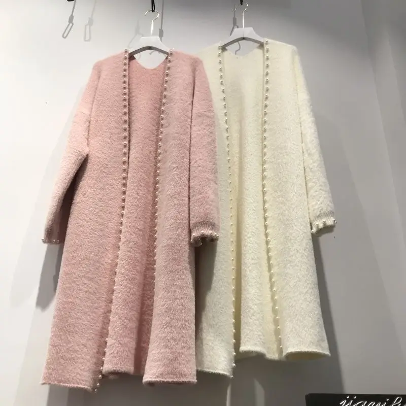 Casaco de pele tipo vison cardigan para mulheres outono e inverno novo solto sobre o joelho longsweater tricô cardigan maré casaco