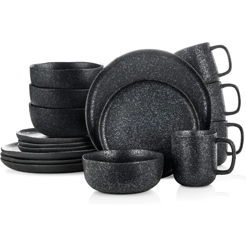 Tom Stoneware Reactive Glaze Dinnerware Set,  Black-White