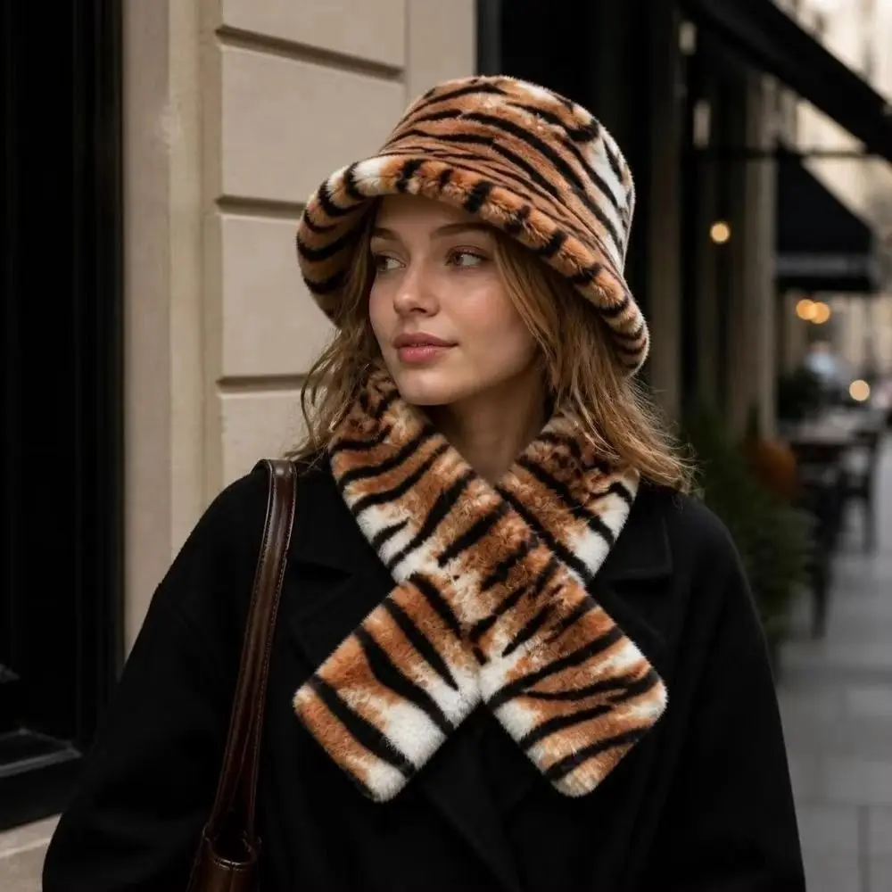Thick Warm Faux Fur Hat Faux Mink Fur Soft Fluffy Cross-tie Scarf Comfortable Fit Luxury Thermal Leopard Print Scarf