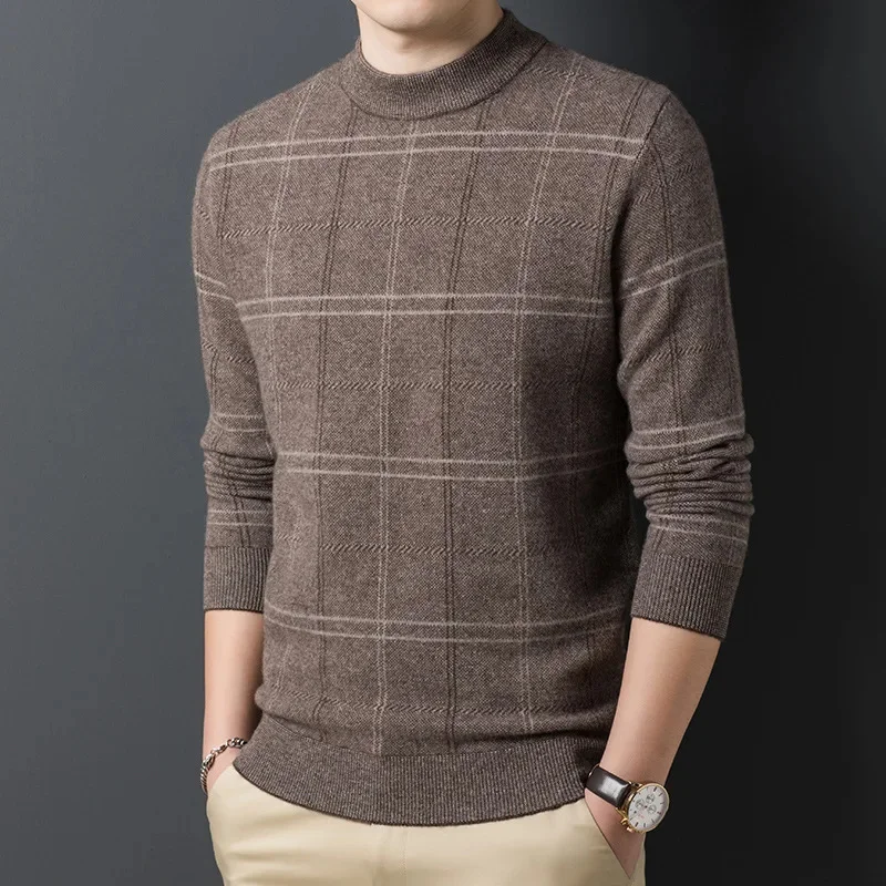 

Mens Sweater Clothes Autumn and Winter Pure Wool Round Neck Hedging Korean Version Solid Color Big Grid