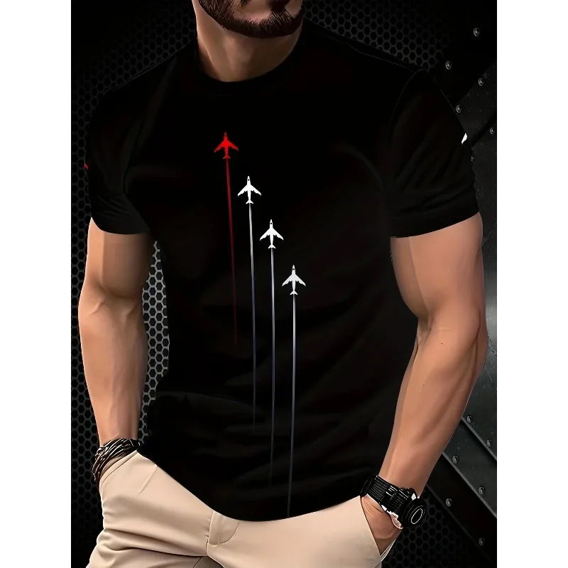 2026 Men's Pure Cotton T-shirt Minimalist Airplane Runway Printed Pattern Casual Street Wear Cotton Top