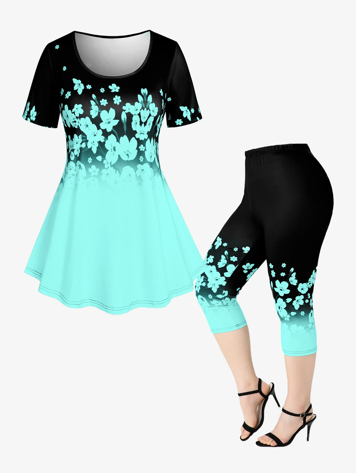 ROSEGAL Plus Size 3D Printed Outfit Female Colorblock Suit Floral Graphic Tee And Capri Leggings Size Is Too Large Matching Set