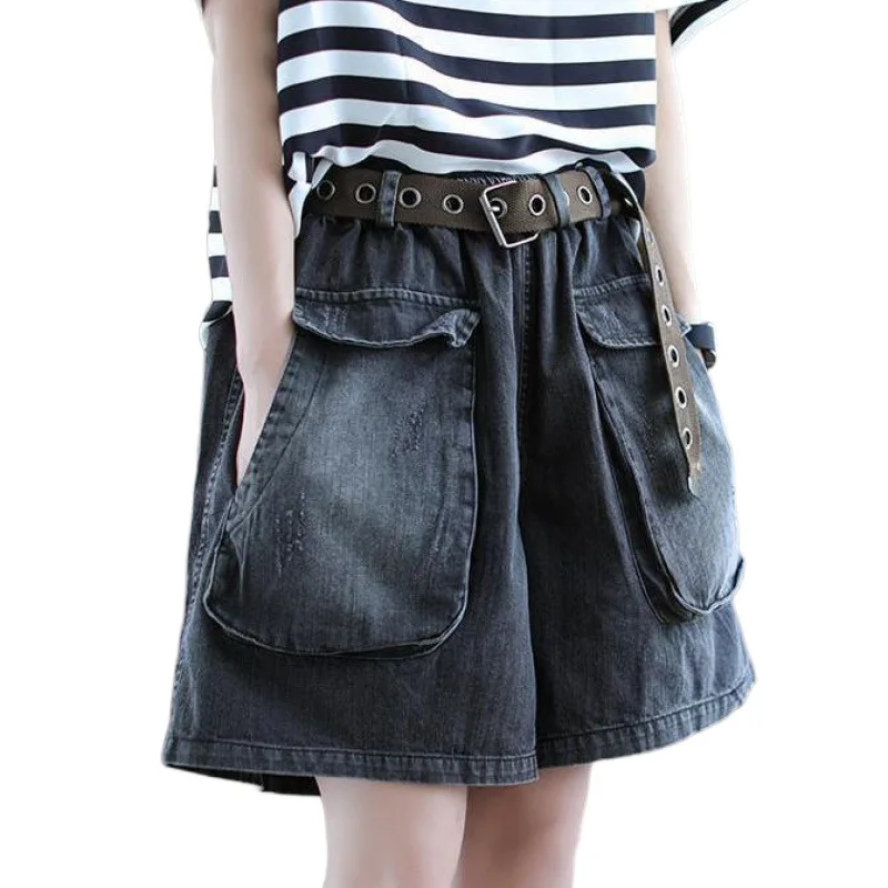 Women\'s Elastic Waist Sashes Solid Denim Shorts Summer New Korean Casual Fashion All-match Loose Pockets Wide Leg Trouser Skirts