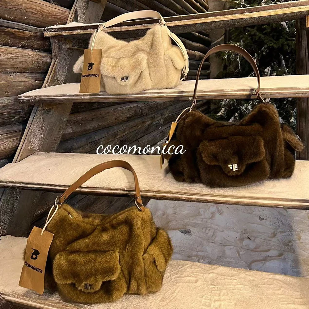 Autumn Winter Hot Luxury Faux Mink Fur Multi Pocket Armpit Bag, High-end Feel, Hand-held Crossbody Bag, Women Bag