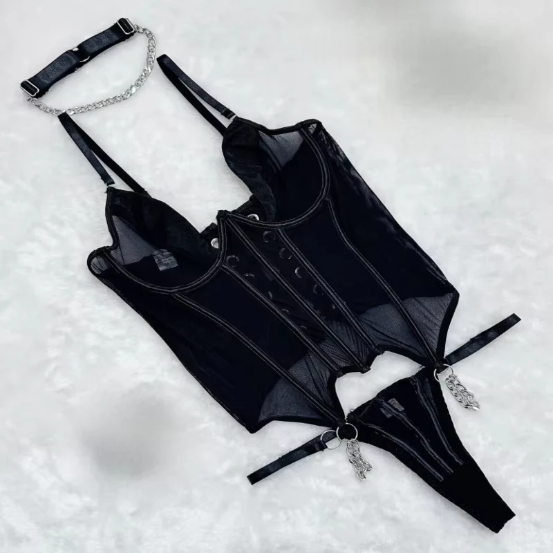 Bikini fashion sexy see-through mesh fishbone strap shapewear lingerie set swimsuit