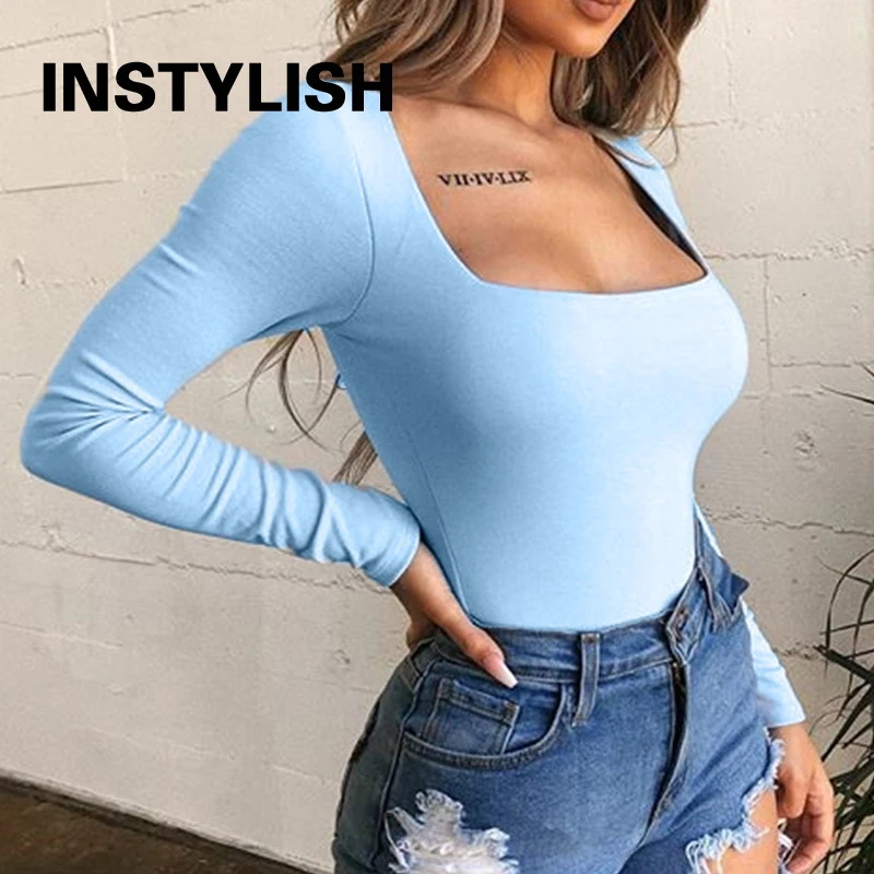 Elegant Long Sleeve Bodysuit Casual Square Collar Solid Bodycon Jumpsuit Women Autumn Slim Overalls Tops Streetwear Rompers