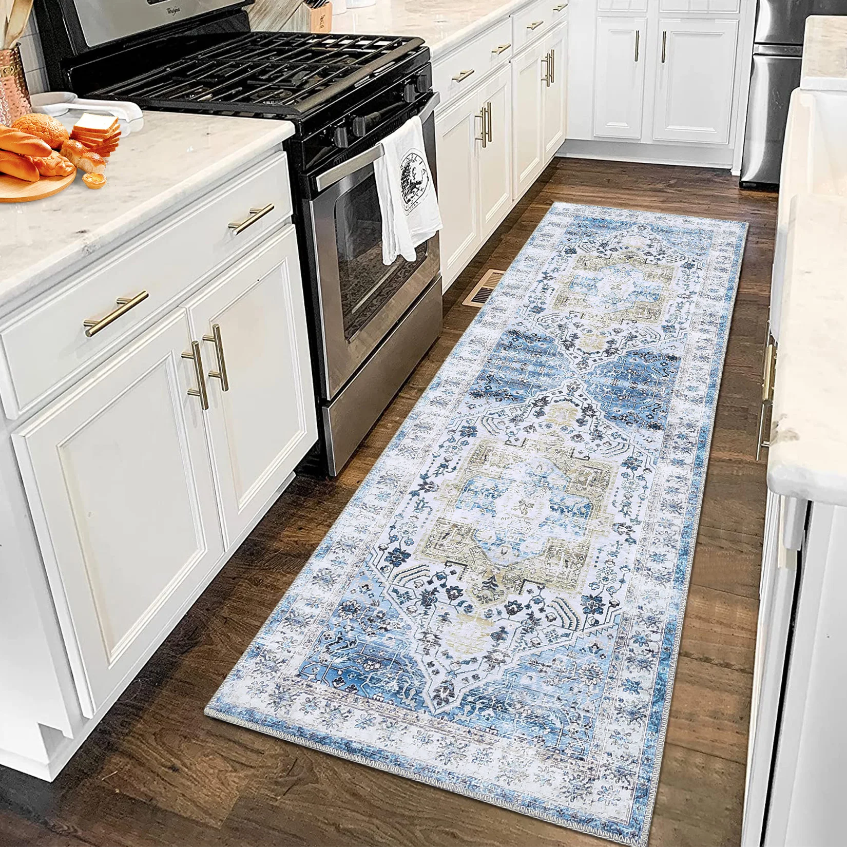 Area Rug 2x8 Machine Washable Runner Rug Hallway Indoor Vintage Rug Blue Distressed Printed Doormat Soft Runner Thin Rug