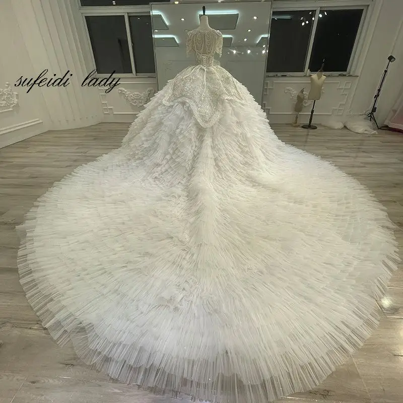 Elegant O-Neck Half Sleeve Bride A-Line Wedding Dress Luxury Appliques Beading Lace Up Customized Wedding Gown