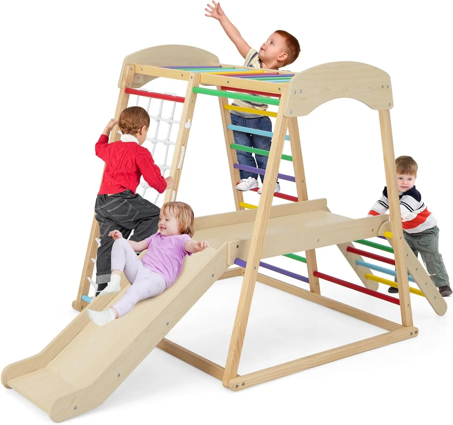 Gym dans la jungle d'intérieur, jouets d'escalade Montessori 6 en 1 pour tout-petits avec toboggan, filet d'escalade, barres de singe, grimpeur d'aire de jeux en bois