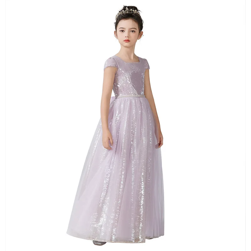 It's Yiiya Customized Flower Girl Dresses Purple Sequins Tulle Square Collar Cap Sleeves Bow A-line Floor Length Kids Gowns T151