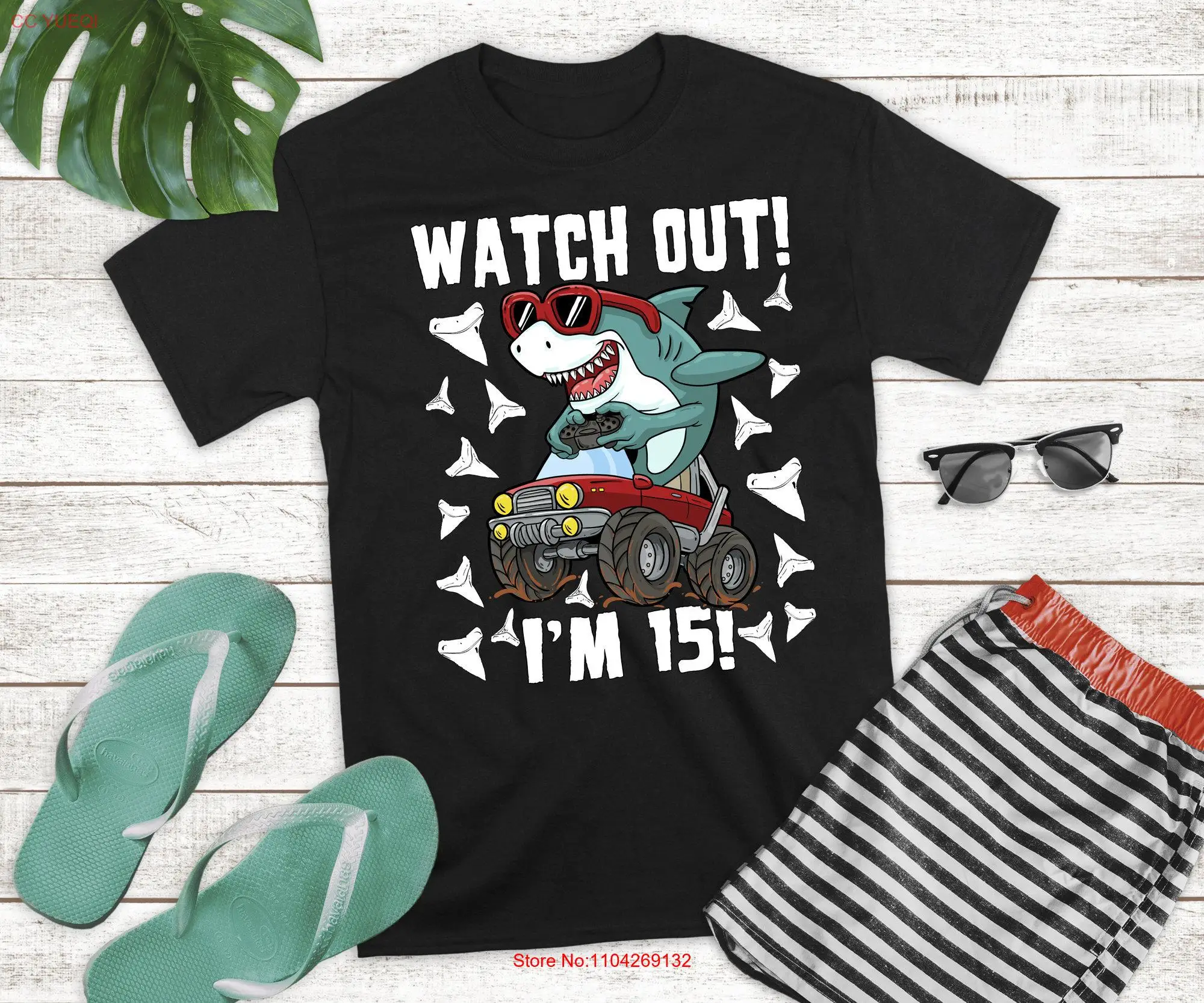 Fifteen 15 Years Old 15th Year Birthday Shark Monster Truck Gamer T Shirt Boy Girl Kids Future Marine Biologist Week Pool Party