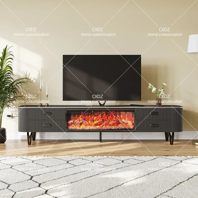 Light Luxury TV Stand with 3D Simulated Flame Electric Fireplace Modern Media Console Storage Cabinet for Living Room Global