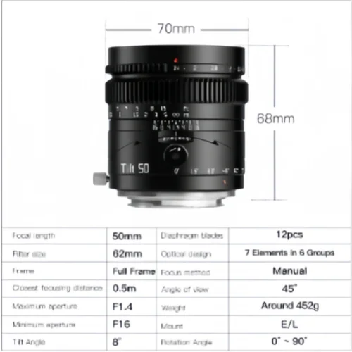 TTartisan 50mm F1.4 Tilt Lens Full Frame MF Tilt Shift Lens for Fuji X RF Leica Sigma L Mount SONY E Mount Cameras A7 IV A7SIII