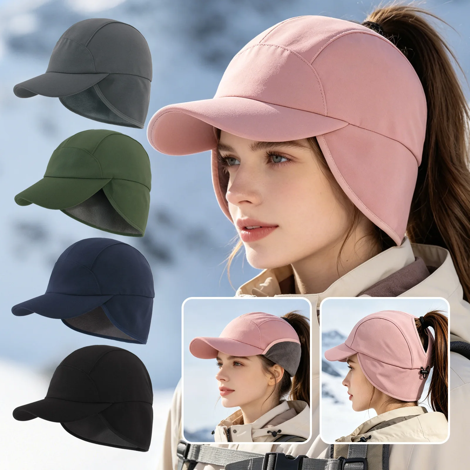 Women's Winter Reflective Fleece Ponytail Hat with Drop Down Ear Warmer Baseball Cap for Girls Reflective Fleece Ponytail Hat