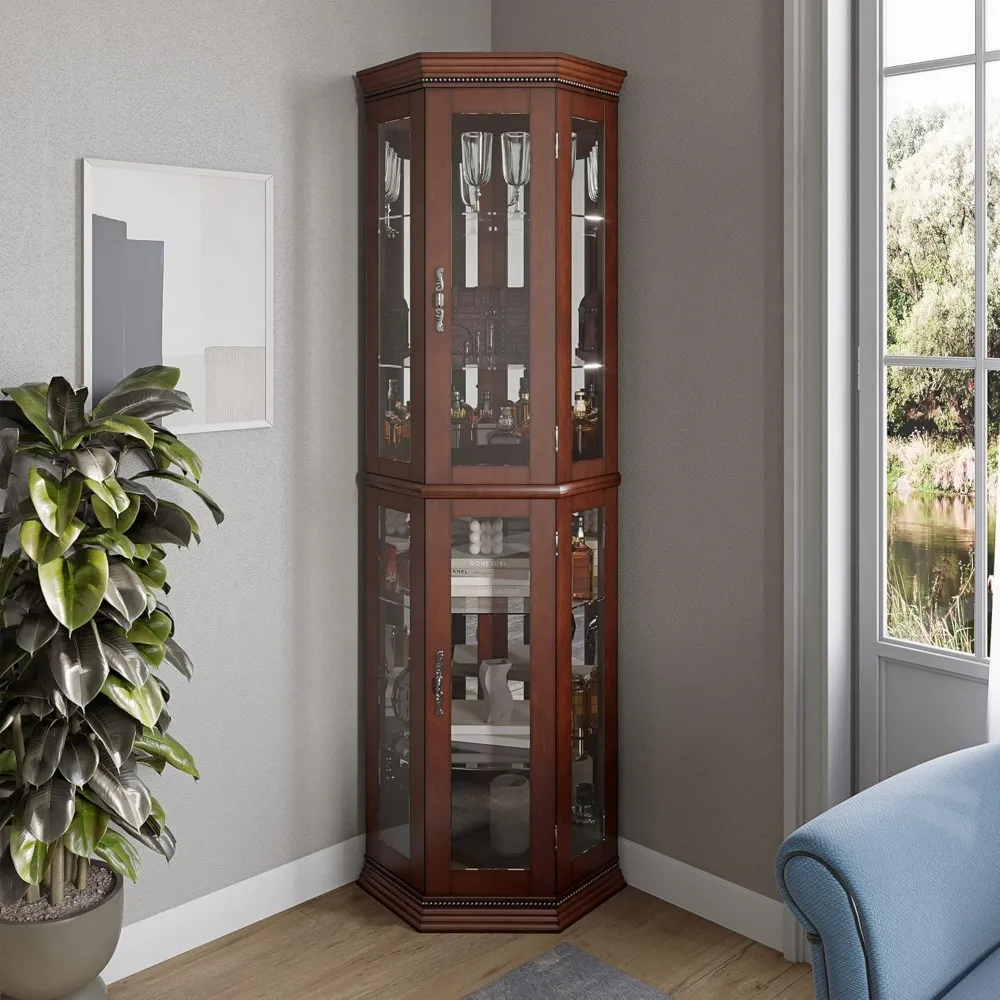 Belleze Lighted Wooden Corner Display Curio Cabinet, Two Section Shelving Unit …