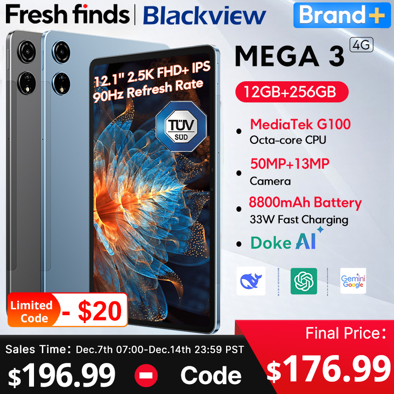  Blackview MEGA 3 Tablet 12.1" 2.5K 90Hz Display 12GB 256GB 8800mAh 50MP Camera 33W Fast Charging Android 15 Pa 