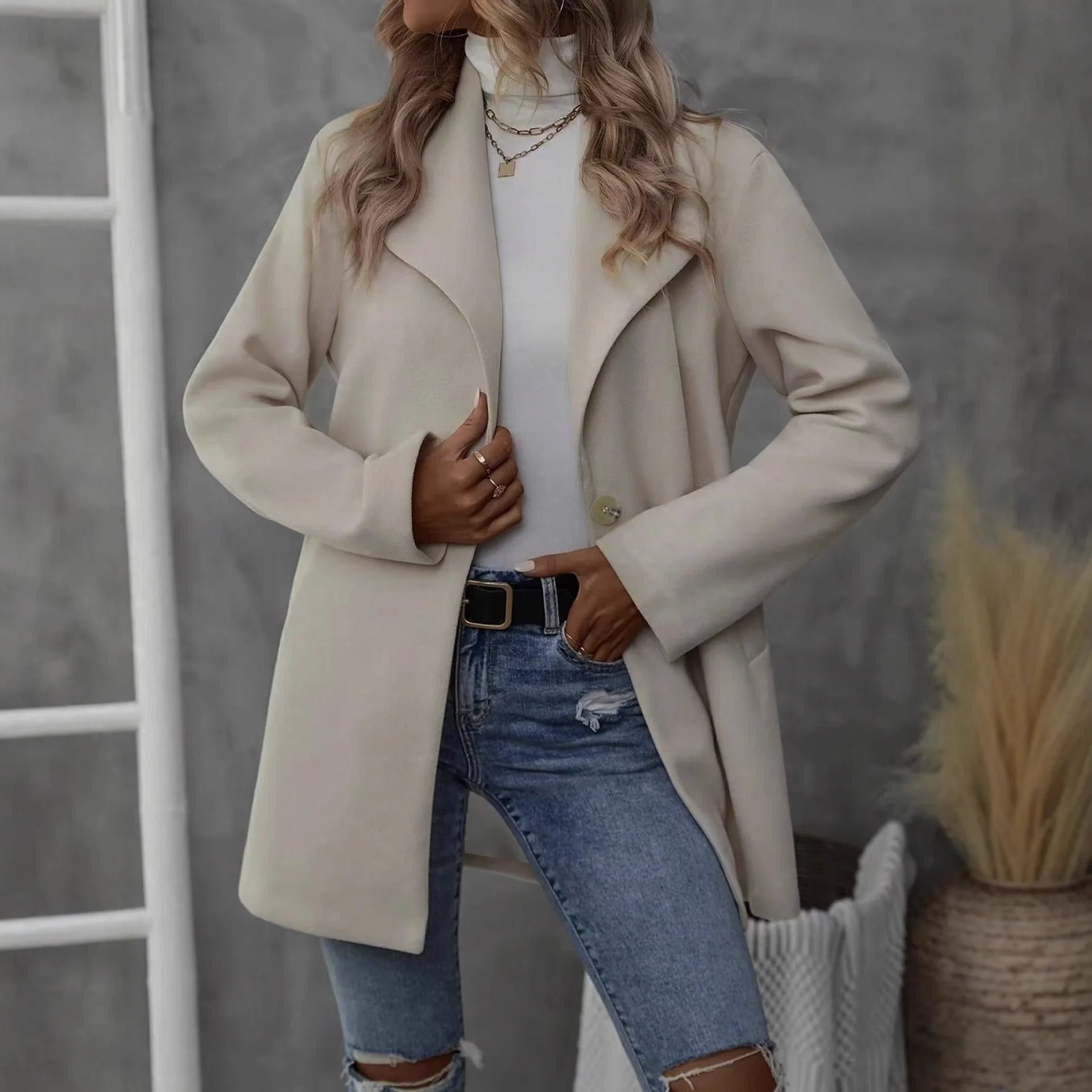 Nuevo Abrigo de Lana para Mujer, Estilo Occidental, Corte Entallado, Color Sólido, Cuello Solapa, Largo Medio, Otoño-Invierno 2026