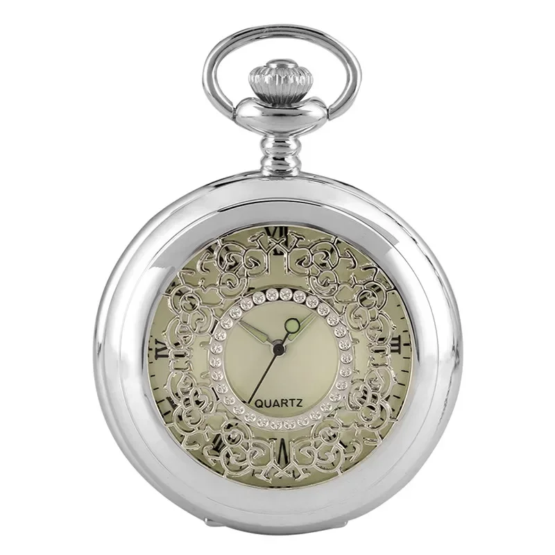 Silver Hollow Out Flower Case Men Women Quartz Pocket Watch Roman Number Dial with Necklace Pendant Chain Timepiece