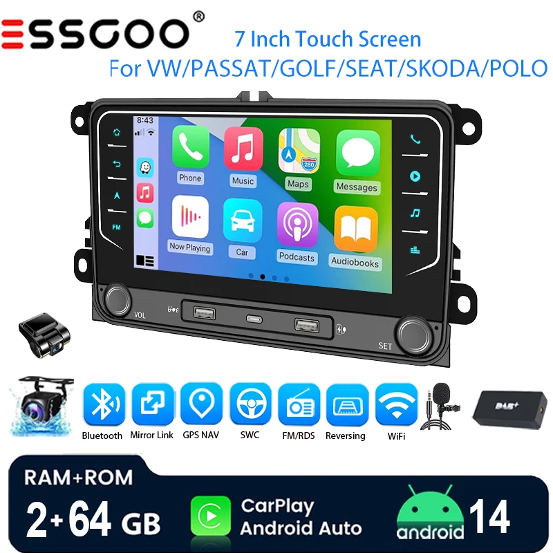 ESSGOO Android 14 Autoradio 7" 4+64 GB Wireless CarPlay Android Auto für VW Golf 5 6 Plus Touran Caddy Jetta Passat Polo GPS Bluetooth KI-Sprache WiFi FM Mirror Link RDS Lenkradsteuerung