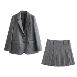 UNIZERA2024 Spring New Product Women's Casual Blended Fine Stripe Suit Coat High Waist A-line Skirt Fashion Set