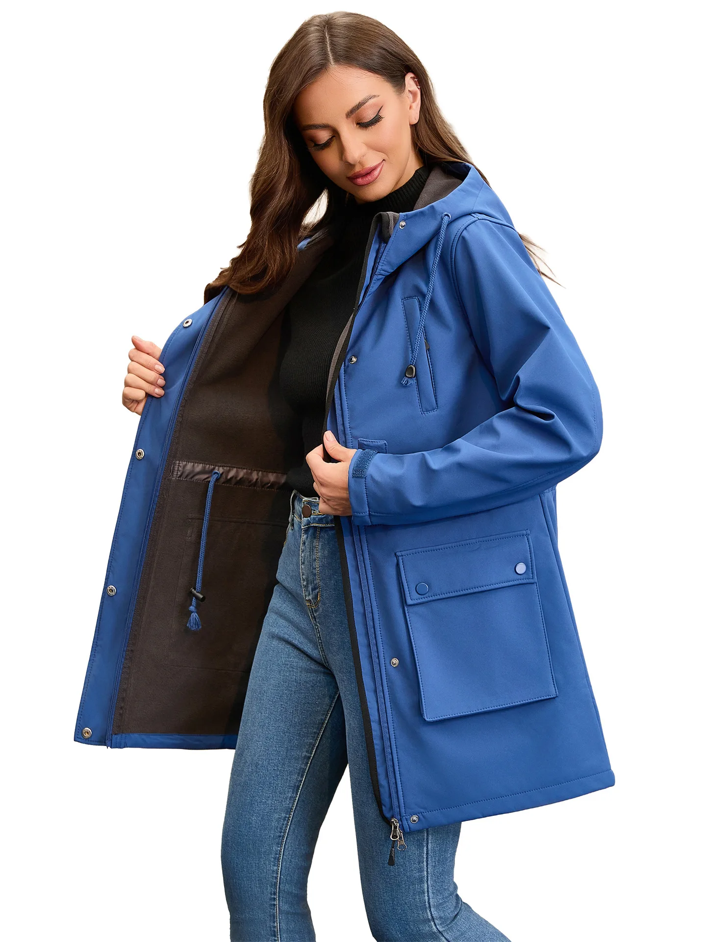 Women's Hooded Multi-Pocket Windbreaker Fleece Lined Raincoat Autumn Winter European Size Women's Wear