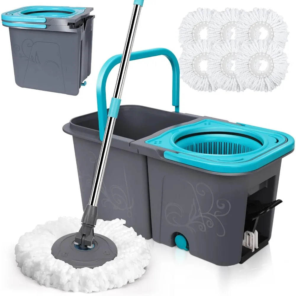 Spin Mop and Bucket with Wringer Set, Stackable Microfiber Mop Bucket Floor Cleaning System, Wet & Dry Mops with 6 Replacement