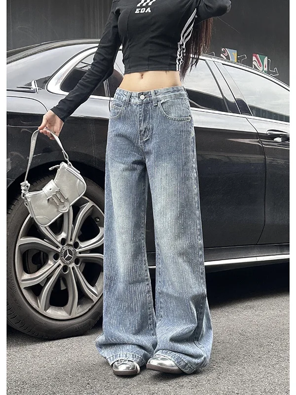 

Low Waist Heavy Embellished Women's Jeans Loose Straight Leg Glittering Design Sensation Autumn Fashion Casual Comfortable