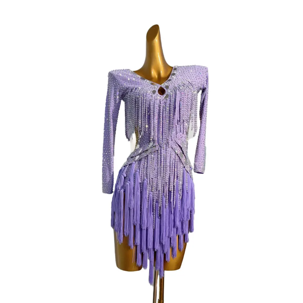 Gonna con nappe con giunture a barra di diamanti personalizzata di fascia alta da donna per danza latina, abito con strass con prestazioni di precisione di Samba