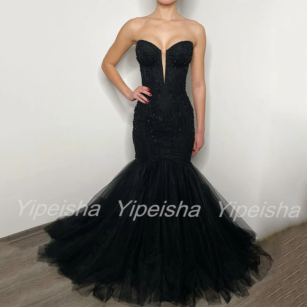 Vestido de novia de sirena de lujo, personalizado, con perlas, capa desmontable, apliques de corazón, diamantes de imitación, vestido de novia gótico negro