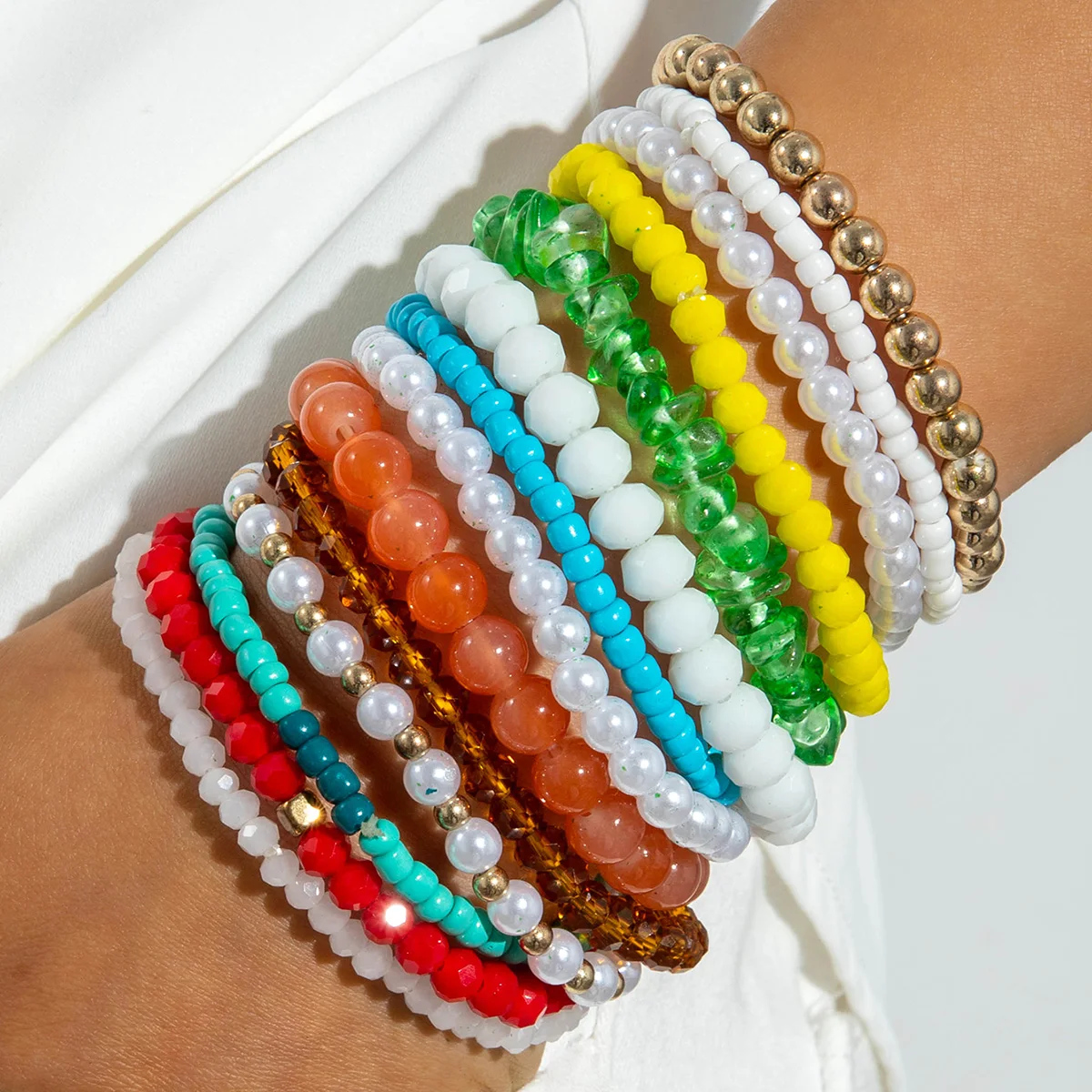 Tocona Fashionable Simple Colored Glass Beaded Bracelet Set Dopamine Color Women's Daily Resort Jewelry Accessories