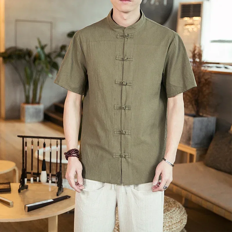 Men's Shirts Traditional Chinese Tang Suit Men Summer Short Sleeve Kung Fu Uniform Plus Size Men Clothing Chemise