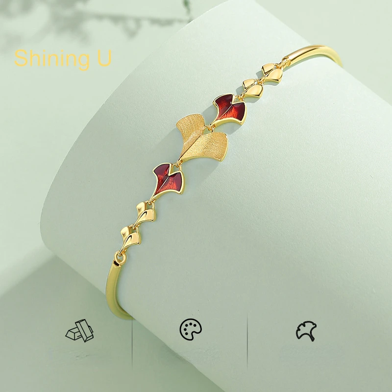 Shining U S925 Silver Ginkgo Leaf Bracelet for Women Gold Plated New Chinese Style Fine Jewelry New Year Gift