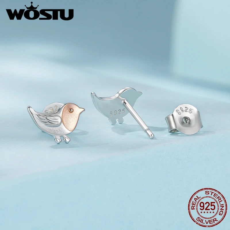WOSTU 925 فضة صغيرة روبن الطيور وأقراط للنساء نغمتين s925 الفضة ارتفع الذهب Minin الحيوان ترصيع القرط