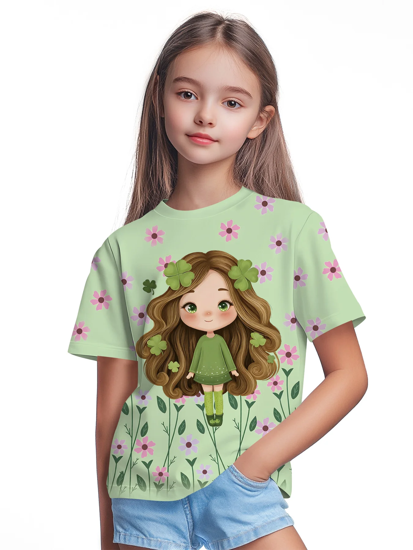 Kids Crew Neck T-Shirt, All Over Pink Flower & Shamrock Print, St Patrick Cartoon Girls Fashion Short Sleeve Tee