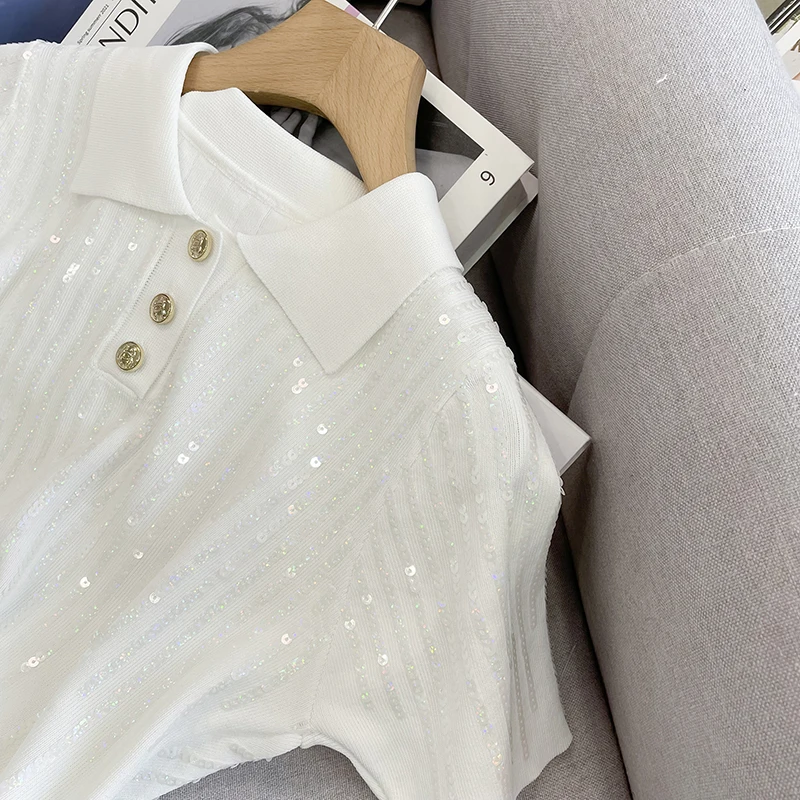 T-shirt ort Sve lavorata a maglia in seta di ghiaccio slim fit T-shirt estiva da donna New Sle a vita alta Ne Pullover Faionable Bright Paillettes
