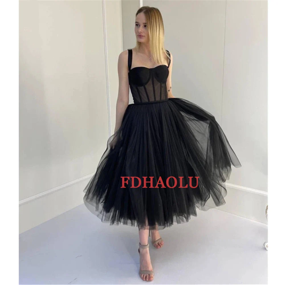 Spersonalizowana krótka sukienka na studniówkę Sweetheart Black Tulle Tea Length A-line Robes De Soirée Women Evening Party Gowns for Wedding Dress