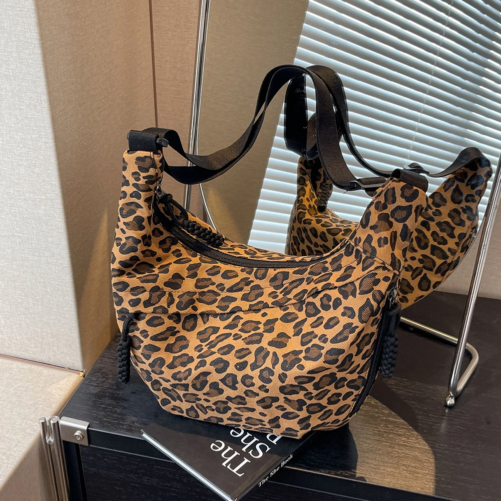 Women Hobo Sling Bag Large Capacity Leopard Print Crescent Crossbody Bag Adjustable Strap Daily Messenger Bag Simple Satchel Bag