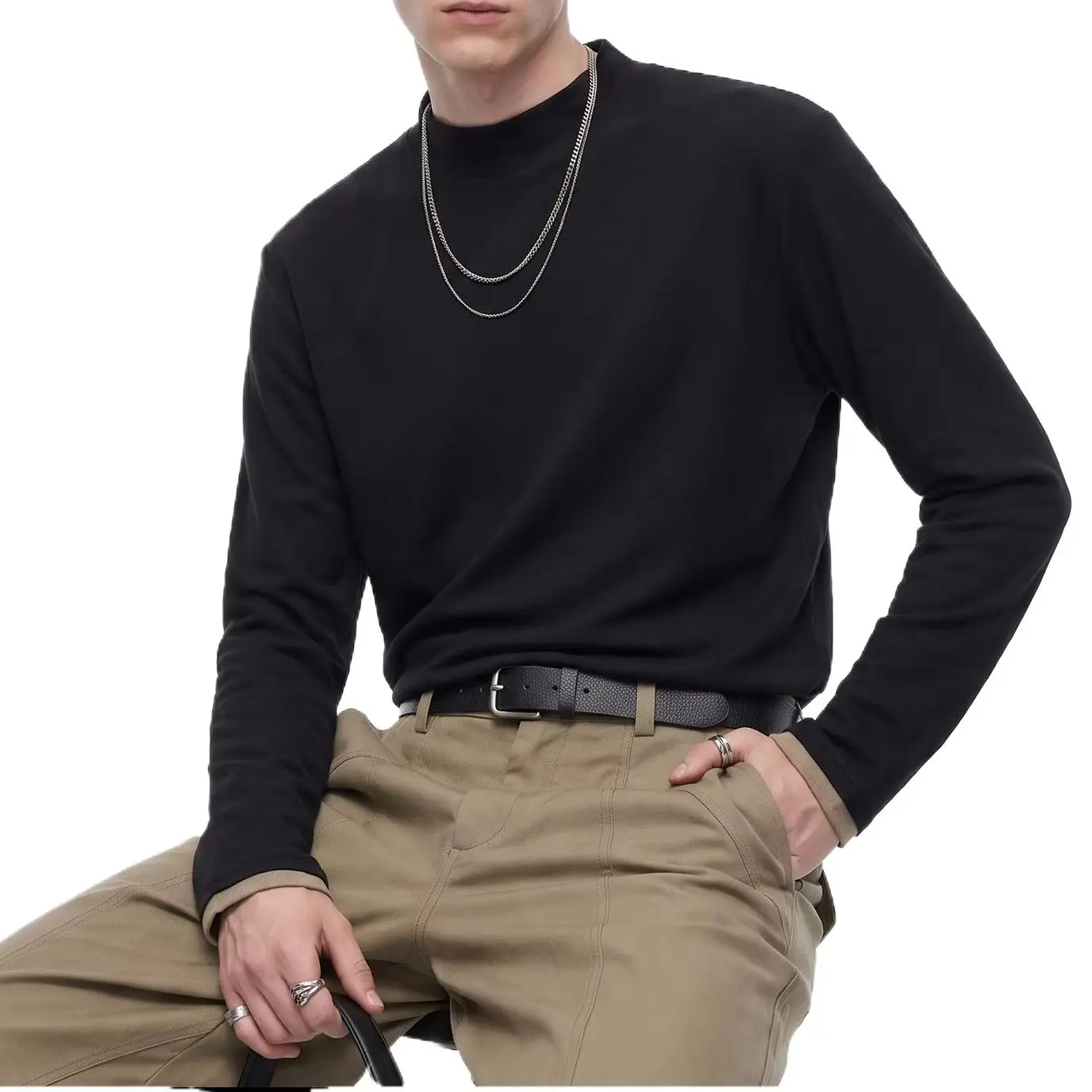Warm Fluffy Mock Neck T‑shirt Fresh Release Relaxed Plain Undershirt Long Sleeve Business Commute Unisex Apparel For Daily