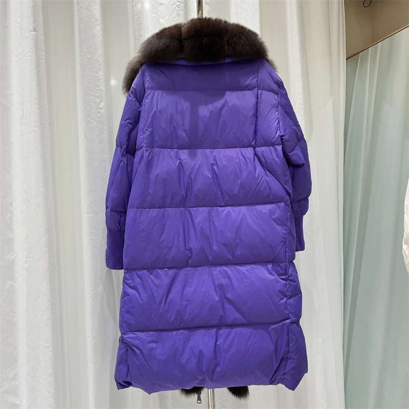 شتاء جديد المرأة فضفاضة سميكة الثعلب الفراء طوق معطف الفرو الأبيض بطة أسفل مبطن سترة عالية الجودة موضة عادية منتصف طول معطف #6