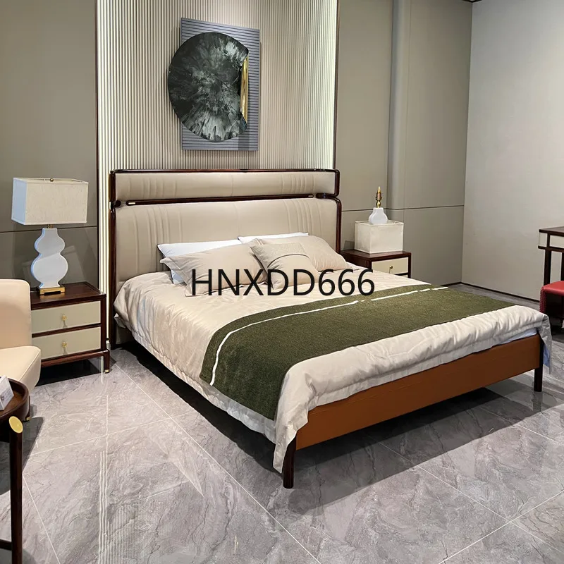 

Light luxury ebony solid wood bed Modern new Chinese leather double bed