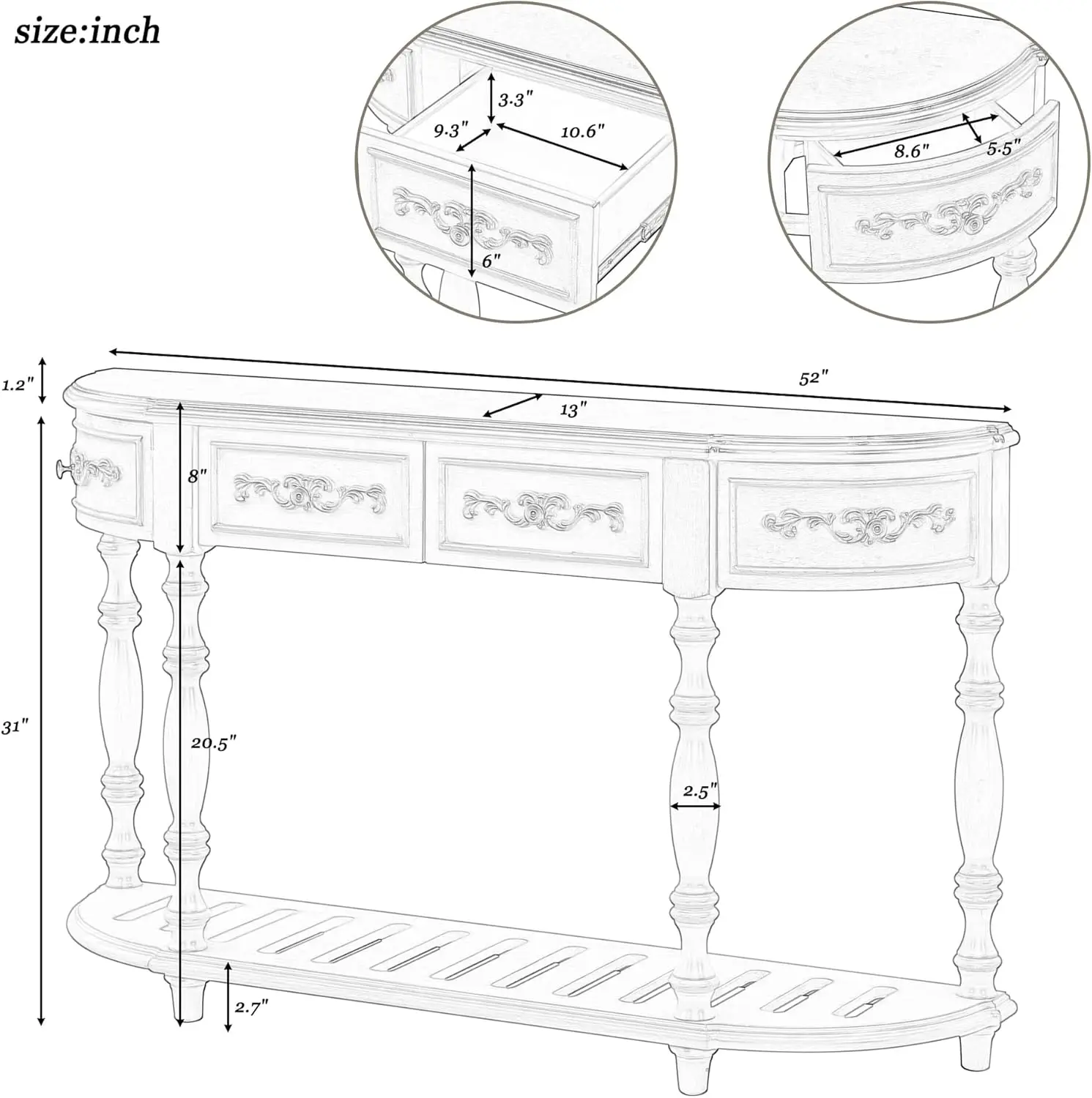 Wood Curved Console Table 52-Inch Half Moon Hall Sofa Table Entryway Table with Drawers & Shelf for Living Room Home Furniture