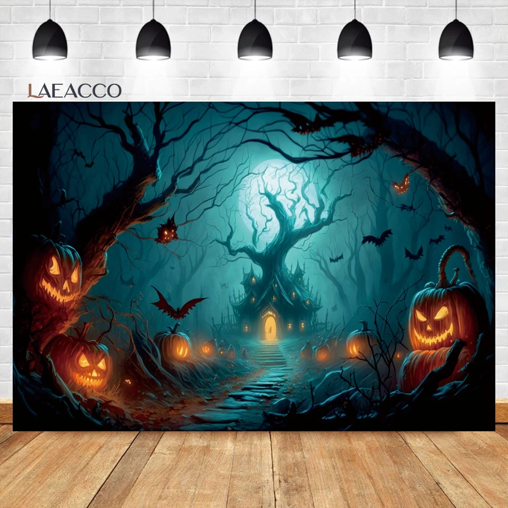 Laeacco-Halloween Fotografia Backdrop, Lua cheia assustador Night Castle, Abóboras Moonlight Bat, Horror Retrato de Fundo para Crianças e Adultos