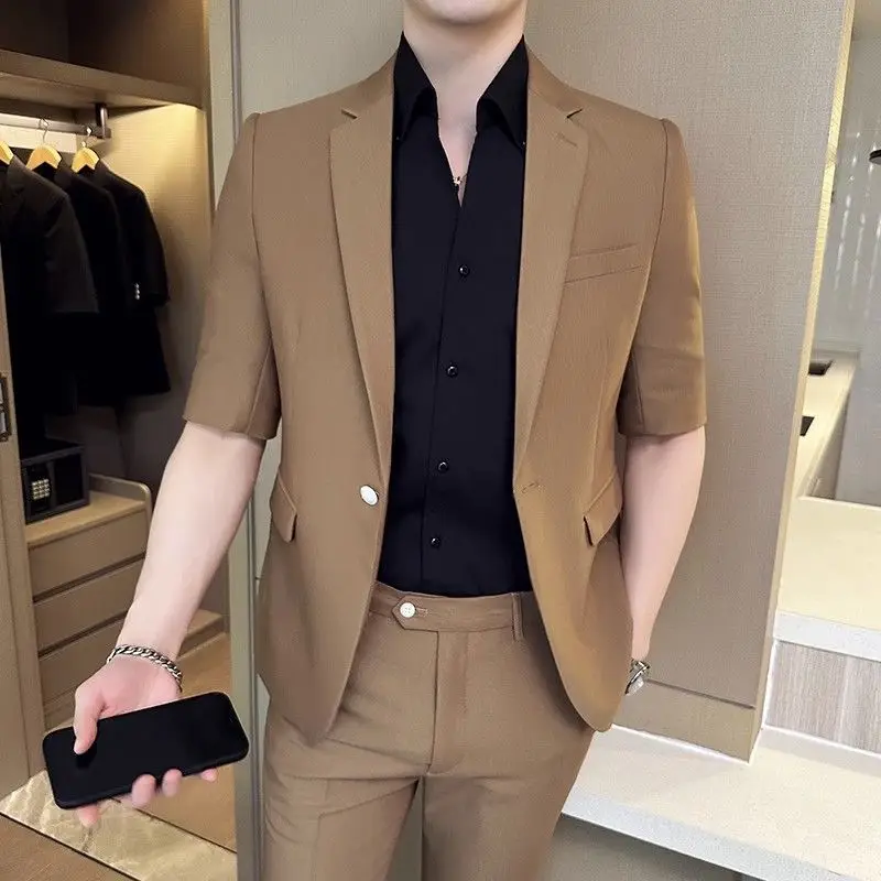 Men's Three Quarter Sleeve Blazer Lightweight Summer Slim Fit Casual Suit with Korean Style Edgy Stylish for Office or Party
