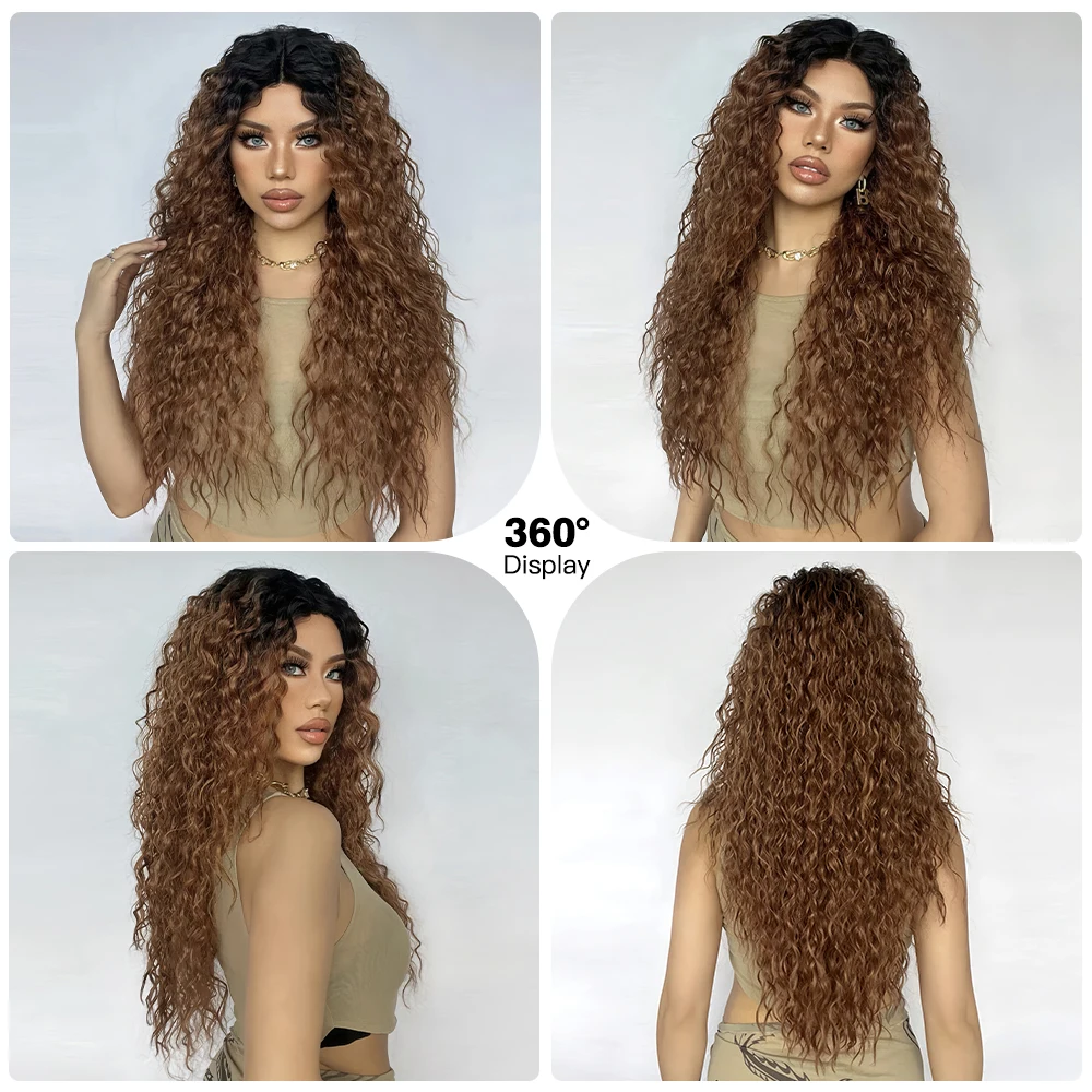 HENRY MARGU Ombre Brown Curly Synthetic Lace Wigs for Women Long Layered Lace Front Wig Natural Daily Use Heat Resistant Fiber