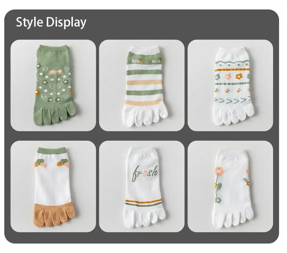 6 Paare/los Kawaii Nette Fünf Finger Socken Frauen Sommer Dünne Söckchen mit Separaten Finger Baumwolle Floral Grün Zehen Socken – Detail 1