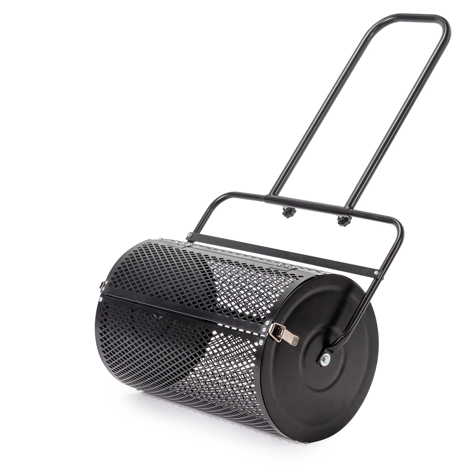 24 inch Compost Spreader for Lawn, Garden Peat Moss Roller with Double Side Latches, Powder Coated Steel Mesh Basket